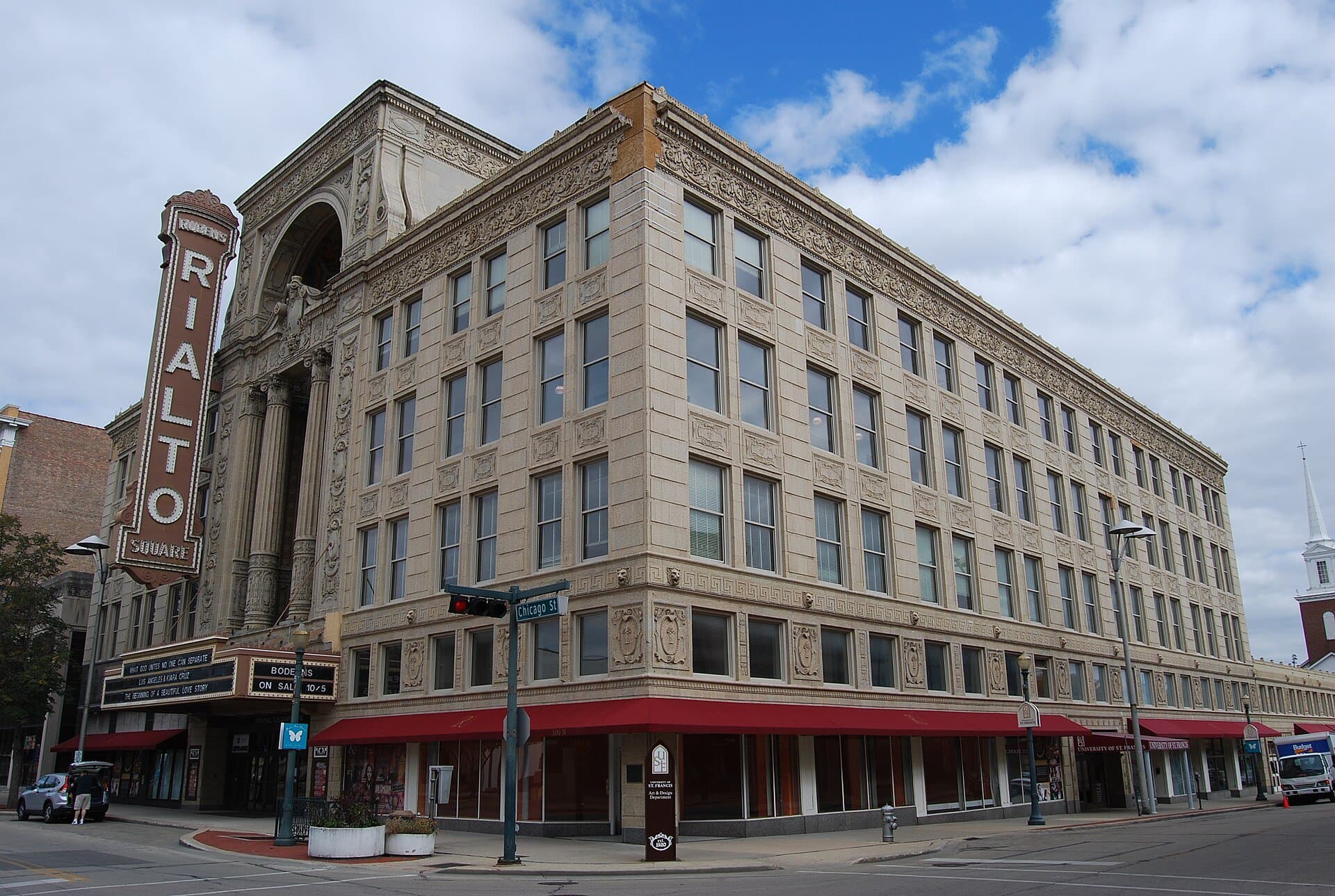 The Rialto Square Theatre marquee in downtown Joliet